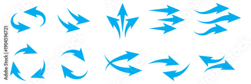 Air flow arrows set. Set of blue arrow showing wind air flow. Vector set of air flow arrows. Blue air flow arrows showing wind circulation and ventilation. Vector Set of Blue Air Flow and Wind
