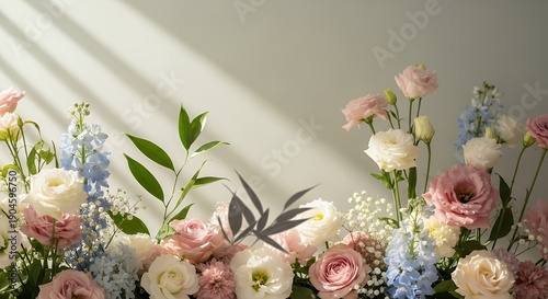 Elegant Bouquet of Soft Pink, White, and Blue Flowers with Green Foliage