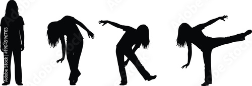 Teenage girl silhouettes performing contemporary dance moves, expressive body language, freedom, creativity and emotional movement concept isolated on white