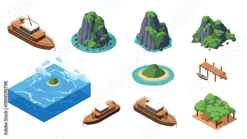 Isometric tropical island elements with boats, rocks, and trees