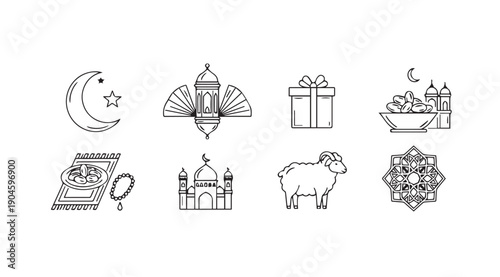 Islamic Symbols Icons Ramadan Eid Mubarak Moon Star Lantern Mosque Sheep Gift Dates