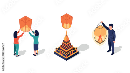 Isometric thai lantern festival celebration with people and pagoda