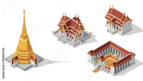 Isometric thai temple architecture featuring wat and stupa designs