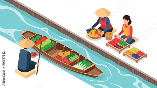 Vibrant floating market in isometric style with traditional boats and fresh produce