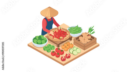 Isometric asian market vendor preparing fresh vegetables
