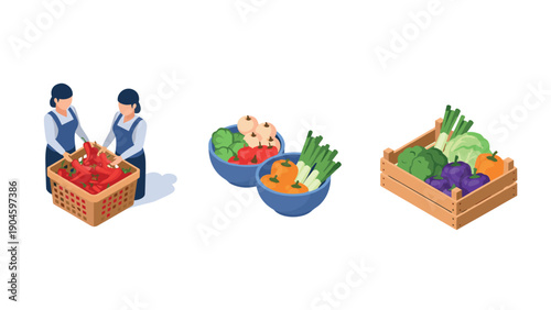 Isometric farmers sorting fresh produce with baskets and bowls of vegetables