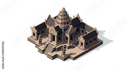 Isometric ancient temple architecture with stone statues and intricate details