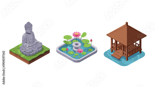 Tranquil isometric garden: buddha statue, water lily pond, and wooden pavilion