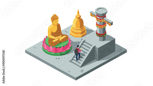 Isometric temple with buddha statue and pillar featuring cultural symbols