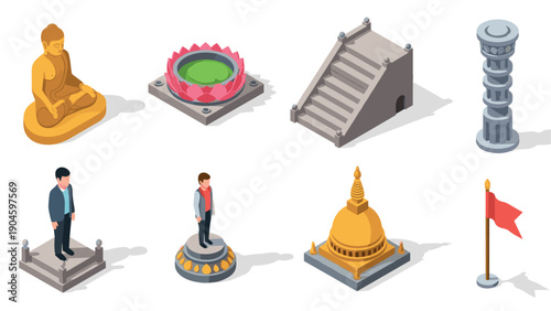 Isometric cultural landmarks collection with asia inspired iconic elements