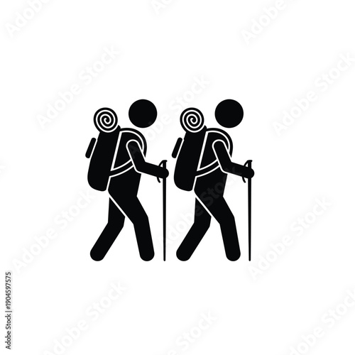 Two hikers walking with backpacks and trekking poles in a simple black silhouette style