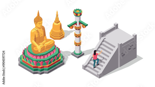 Isometric temple scene with buddha statue and ancient architecture