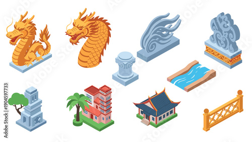 Isometric asian architecture and culture icons featuring dragons and traditional buildings