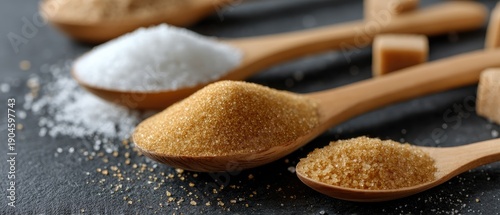 Natural sweeteners on dark table with processed sugar in wooden spoons showing the need for healthier food choices in our diets