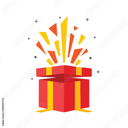 Gift Box Explosion. Surprise Present Illustration. Flat Design Vector. Celebration, Reward, Special Offer.