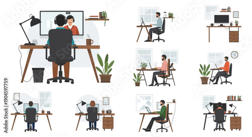 People working from home, online meeting, remote work illustrations
