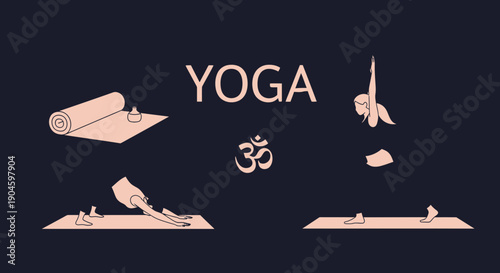 Yoga Poses and Om Symbol on Dark Background