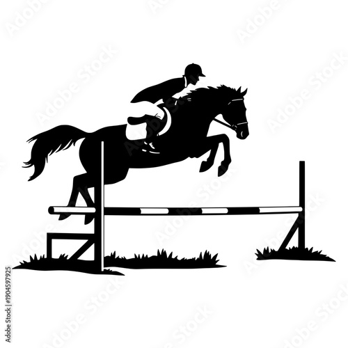 Horseback Rider Jumping over Hurdle Black Silhouette