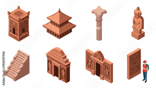 Isometric ancient architecture icons collection featuring columns, pagoda, and more