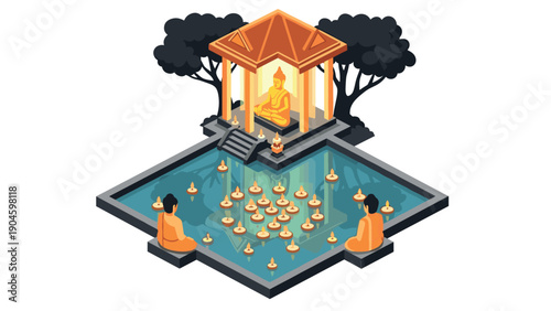 Isometric tranquil retreat with buddha statue and meditation pond