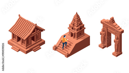 Isometric ancient asian architecture collection with temples and gate