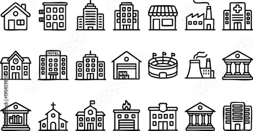 Collection of Various Black and White Buildings.