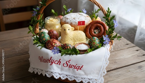 A traditional Polish Easter basket with sugar lamb, painted eggs, cake and sausage on linen. Embroidered text.