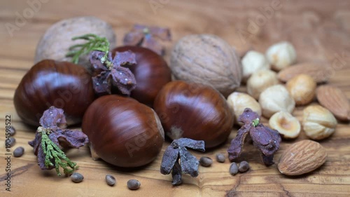 A composition of typically autumnal fruits such as walnuts and chestnuts enhancing their beauty and detail.