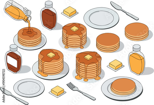 Delicious Stack of Pancakes with Syrup and Butter Served on Plates with Utensils, Illustrated in a Clean, Flat Isometric Style