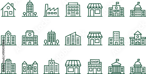 Collection of Simple Building Icons and Outlines.