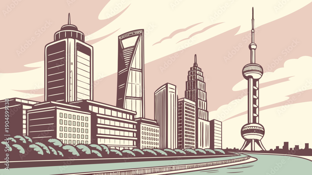 Obraz premium Modern East Asian City Skyline Vector