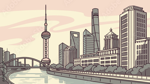 Modern East Asian City Skyline Vector