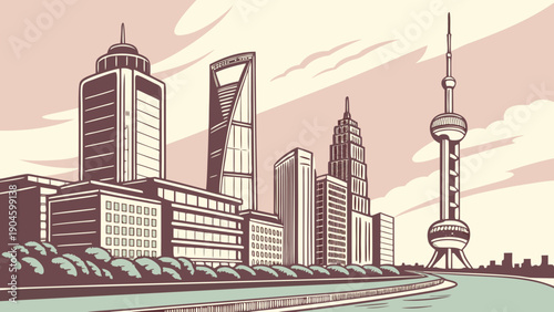 Modern East Asian City Skyline Vector
