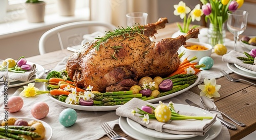 A beautifully set Easter table with a roasted turkey, decorated eggs, and spring flowers on a wooden table near a window.
