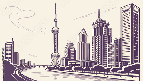 Modern East Asian City Skyline Vector