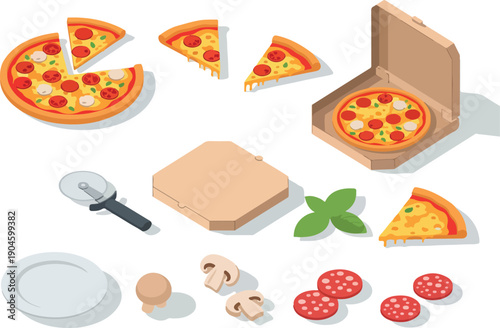 Deliciously crafted pizza, fresh ingredients, and pizza box, all artfully arranged for a delightful culinary experience, perfect for menus or advertisements