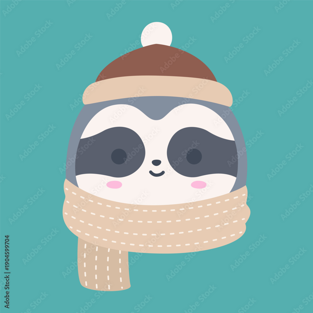Naklejka premium Cute Winter Sloth Head with Scarf Flat Vector