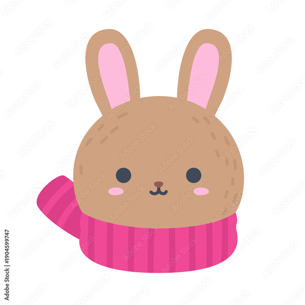 Obraz premium Cute Winter Rabbit Head with Scarf Flat Vector