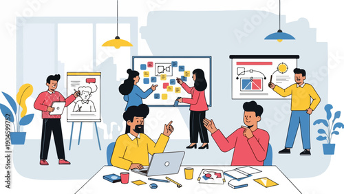 A team collaborating on a project with presentations and brainstorming