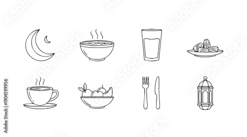 Ramadan Icons: Iftar Meal Symbols, Dates, Fruit, Hot Drink, Water, Cutlery, Moon, Lantern