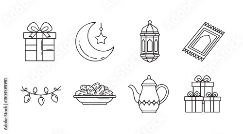 Ramadan Icons Line Art: Gifts, Moon, Lantern, Dates, Prayer Mat, Tea, Lights