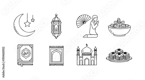 Ramadan Icons Set: Crescent Moon, Lantern, Prayer, Dates, Quran, Mat, Mosque, Sweets