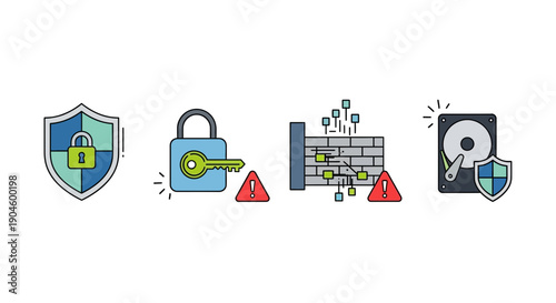 Cybersecurity Icons: Lock, Shield, Firewall, Hard Drive, Data Protection