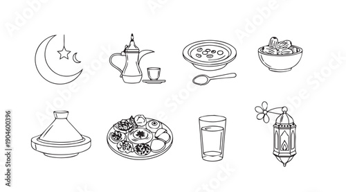 Ramadan Icons Set: Moon, Dates, Coffee, Food, Lantern, Tagine - Line Art