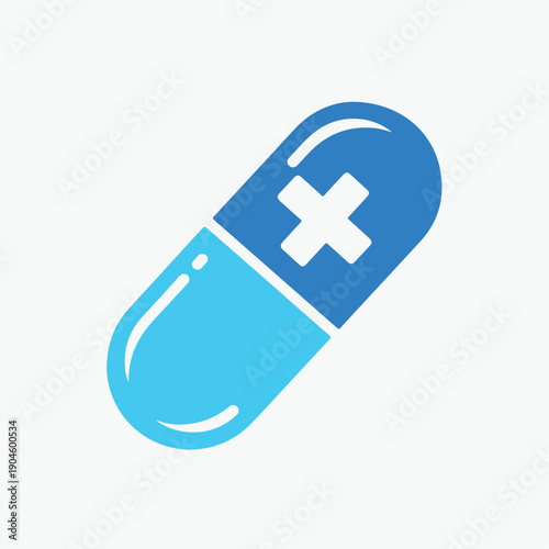 A two-tone capsule with a cross on one end, medical symbol