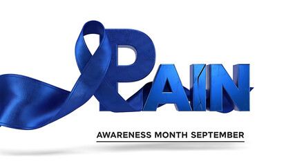september pain awareness month blue ribbon forms the letter p in the distressed word pain symbolizing chronic pain support.