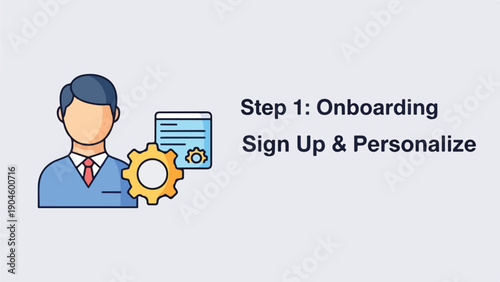 A user icon, a gear, a document and text for a startup process