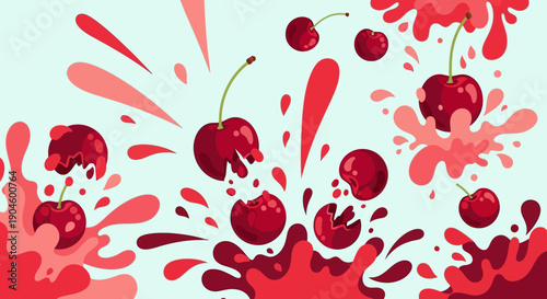 Cherries and Juice Splashing in Mid Air.