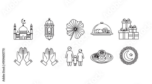 Ramadan Icons Set: Mosque, Lantern, Prayer Hands, Family, Food, Gifts, Crescent Moon