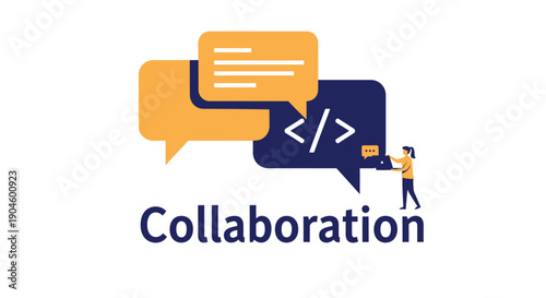 Collaboration concept with chat bubbles and coding symbol.